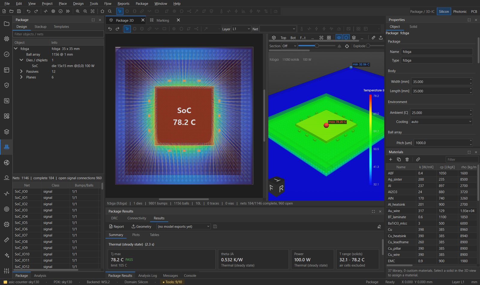 OpenForge desktop, Package / 3D-IC workspace: A 35 x 35 mm flip-chip BGA with 1,156 balls and 9,801 bumps, its net list, stackup and a 37-entry material library, ready for thermal and warpage analysis.